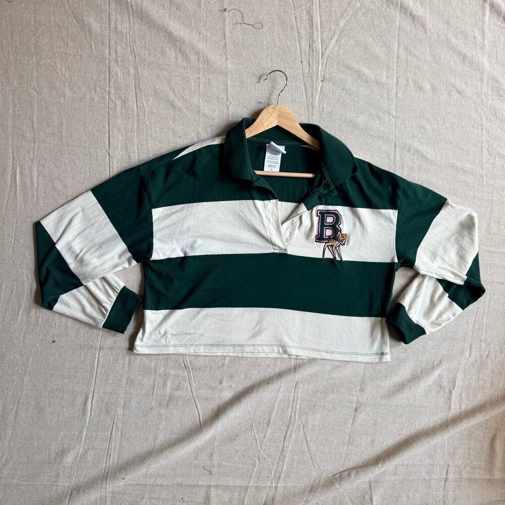 Disney Bambi Rugby Shirt Women's M Cropped Forest Green Striped Chenille Logo